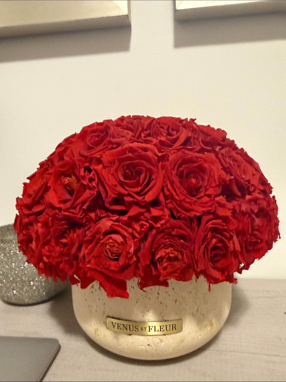 Venus Et Fleur Red Rose Arrangement in Ivory Vase